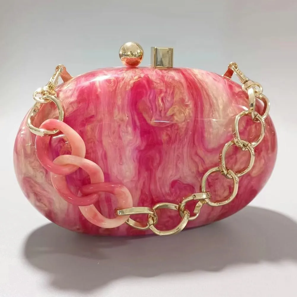 Acrylic Evening Bag for Women Egg Shape Handbag Multicolored Marble Clutch Purse for Wedding Party Chain Shoulder Bag