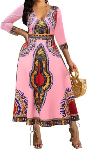 African Dresses for Women Elegant V Neck 3/4 Sleeve Casual Long Maxi African Attire Dress