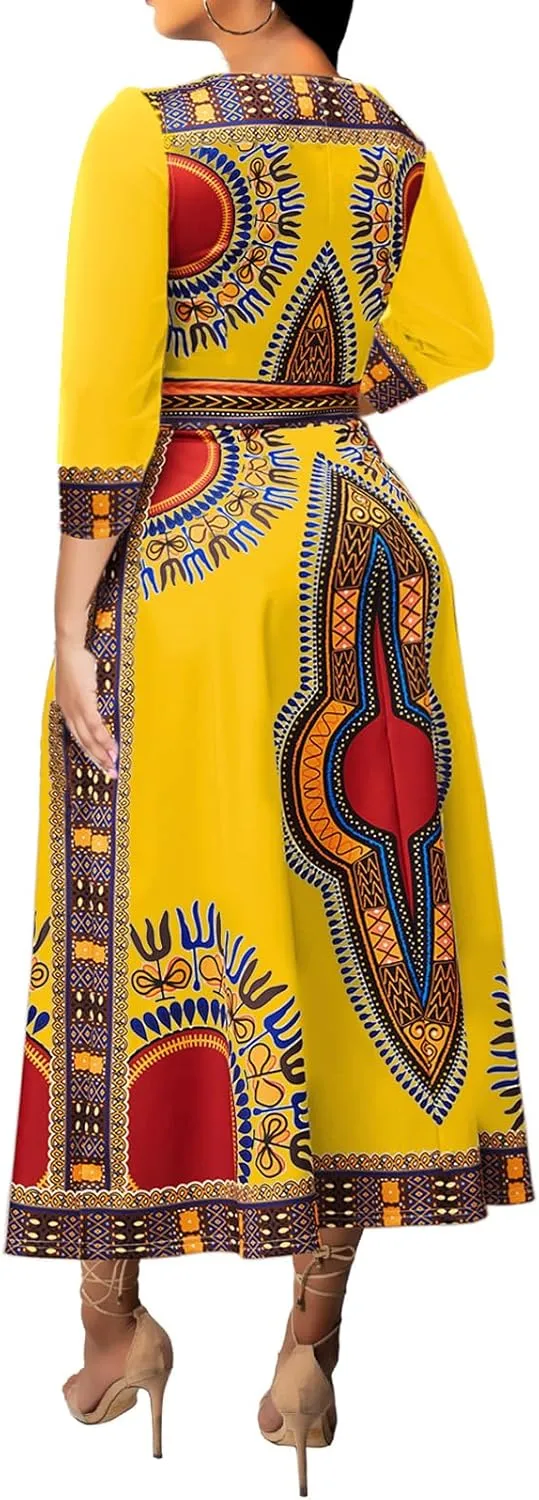 African Dresses for Women Elegant V Neck 3/4 Sleeve Casual Long Maxi African Attire Dress