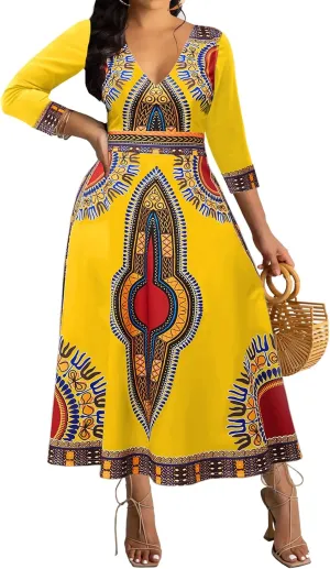 African Dresses for Women Elegant V Neck 3/4 Sleeve Casual Long Maxi African Attire Dress