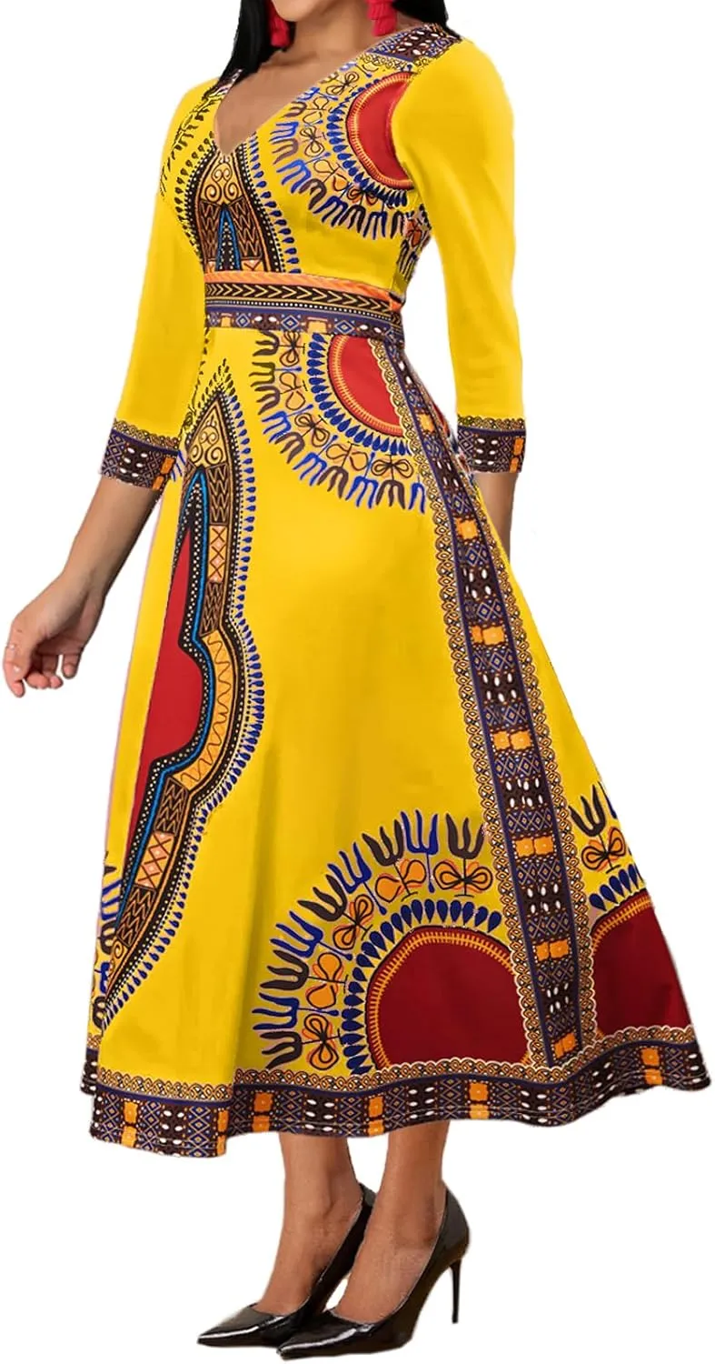 African Dresses for Women Elegant V Neck 3/4 Sleeve Casual Long Maxi African Attire Dress
