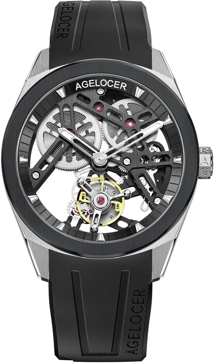 AGELOCER Manual Mechanical Watch for Men, Skeleton Tourbillon/Ceramics Case Sapphire Crystal/ 5ATM Waterproof/Rubber Starp Watches Gifts for Men