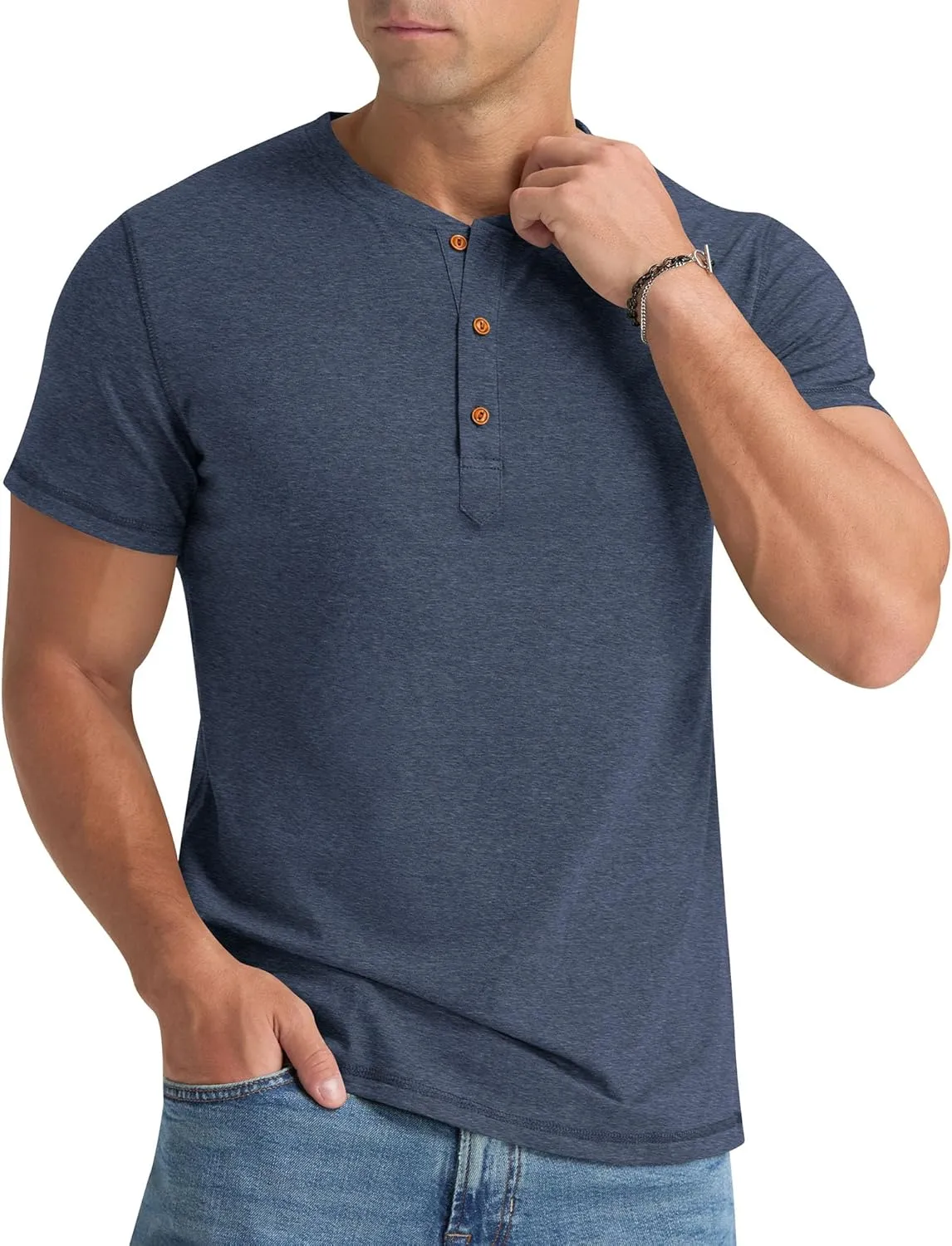 Aimeilgot Mens Henley Shirts Short Sleeve Casual Washed Retro T-Shirts Slim Fit Soft Cotton Classic Summer Basic Tees