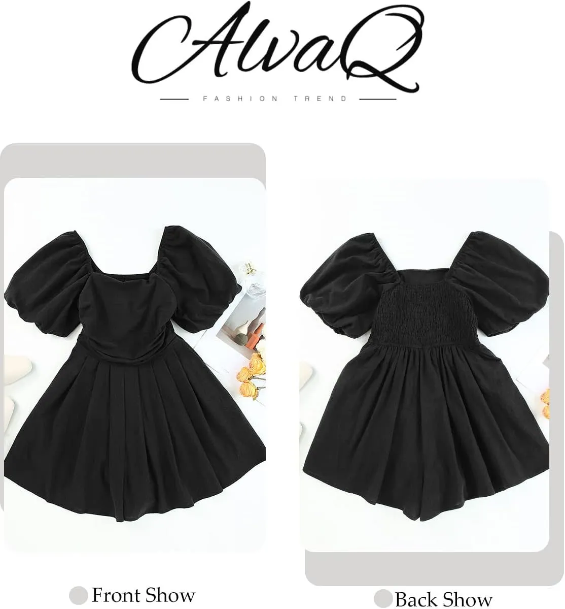 AlvaQ Womens Summer Cute Puff Sleeve Elastic Square Neck Mini Short Romper with Pockets