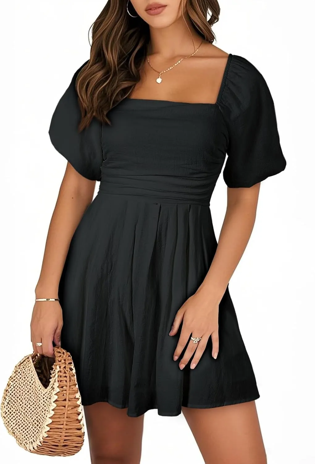AlvaQ Womens Summer Cute Puff Sleeve Elastic Square Neck Mini Short Romper with Pockets