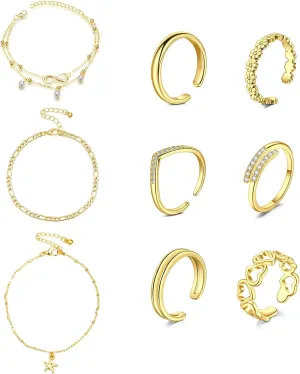 Anicina Toe Rings for Women Various Types Open Band Ring Cute Foot Jewelry Set Tail Ring Summer Beach Adjustable Toe Finger Rings