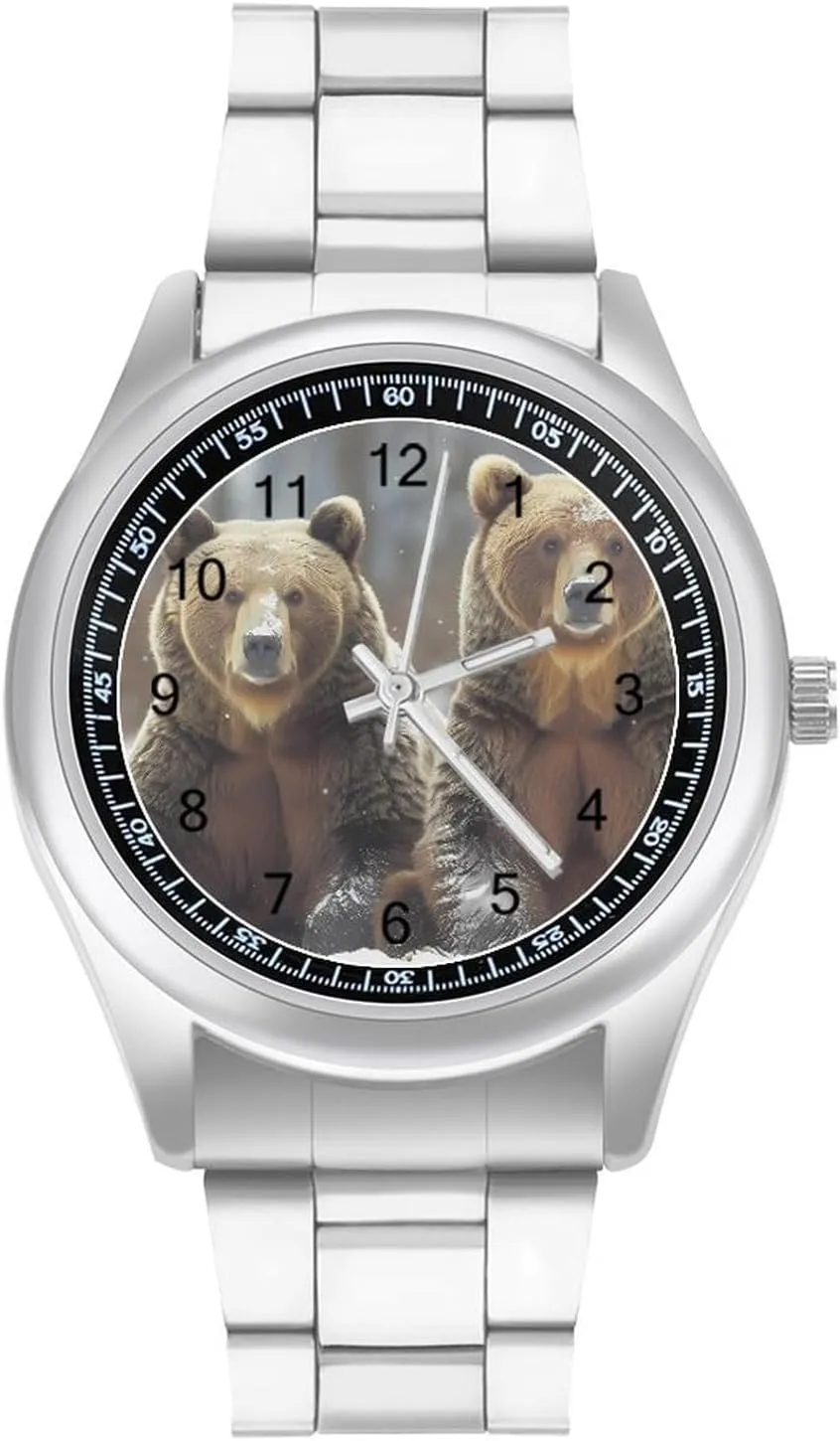 Animal Brown Bear Watches Stainless Steel Band Wristwatch Business Dress Watch for Work Home