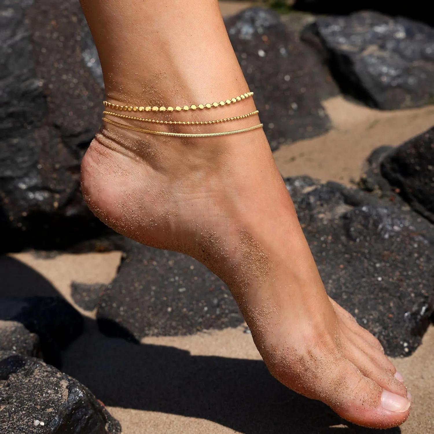 Ankle Bracelets for Women, 14K Gold Anklets for Women Waterproof Cuban Link Chain Layered Anklet Set Gold Ankle Bracelets for Women Summer Beach Foot Jewelry Gifts