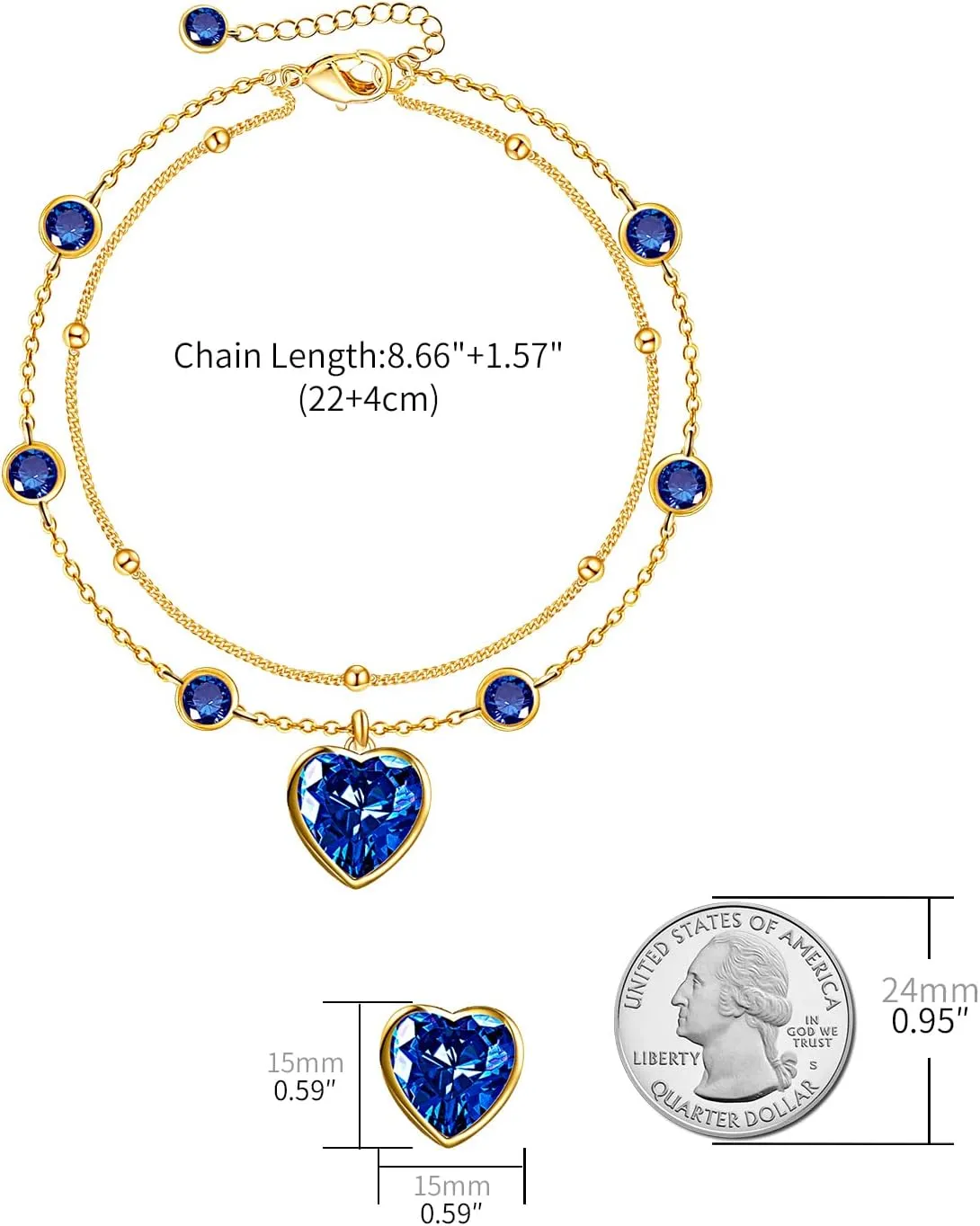 Ankle Bracelets for Women - 14K Gold Anklets for Women Waterproof - Heart Shape Handmade Dainty Layered Rhinestone Anklet - Not Tarnish,Beaded Design,10 Inch for Summer,Beach - Awesome Presents