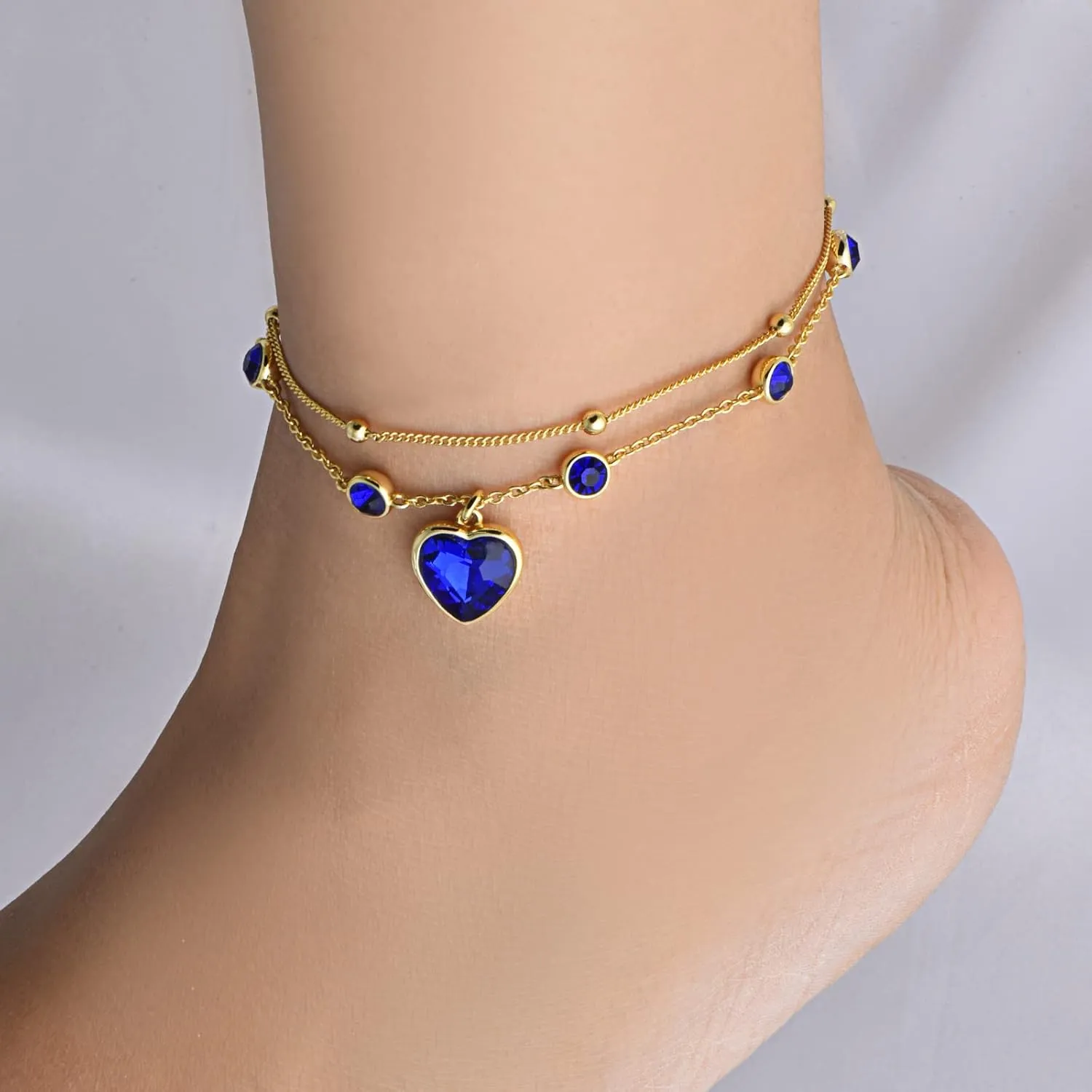 Ankle Bracelets for Women - 14K Gold Anklets for Women Waterproof - Heart Shape Handmade Dainty Layered Rhinestone Anklet - Not Tarnish,Beaded Design,10 Inch for Summer,Beach - Awesome Presents