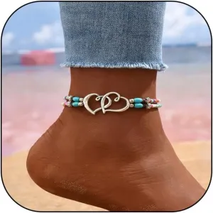 Ankle Bracelets for Women Waterproof Heart Beaded Anklet Layered Elastic Beaded Anklet Boho Beach Stretchy Anklets Foot Jewelry for Beach Accessories for Summer