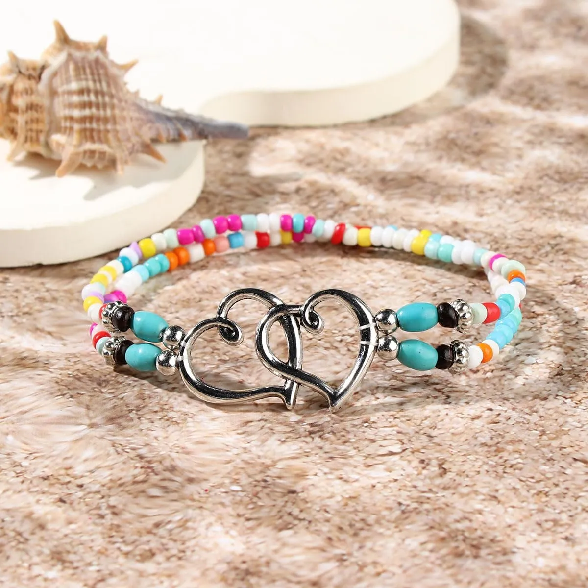 Ankle Bracelets for Women Waterproof Heart Beaded Anklet Layered Elastic Beaded Anklet Boho Beach Stretchy Anklets Foot Jewelry for Beach Accessories for Summer