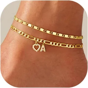 Ankle Bracelets for Women,14K Gold Plated Initial Anklets Dainty Heart Letter Ankle Bracelets Layered Gold Anklets for Women Non Tarnish A to Z Summer Beach Jewelry