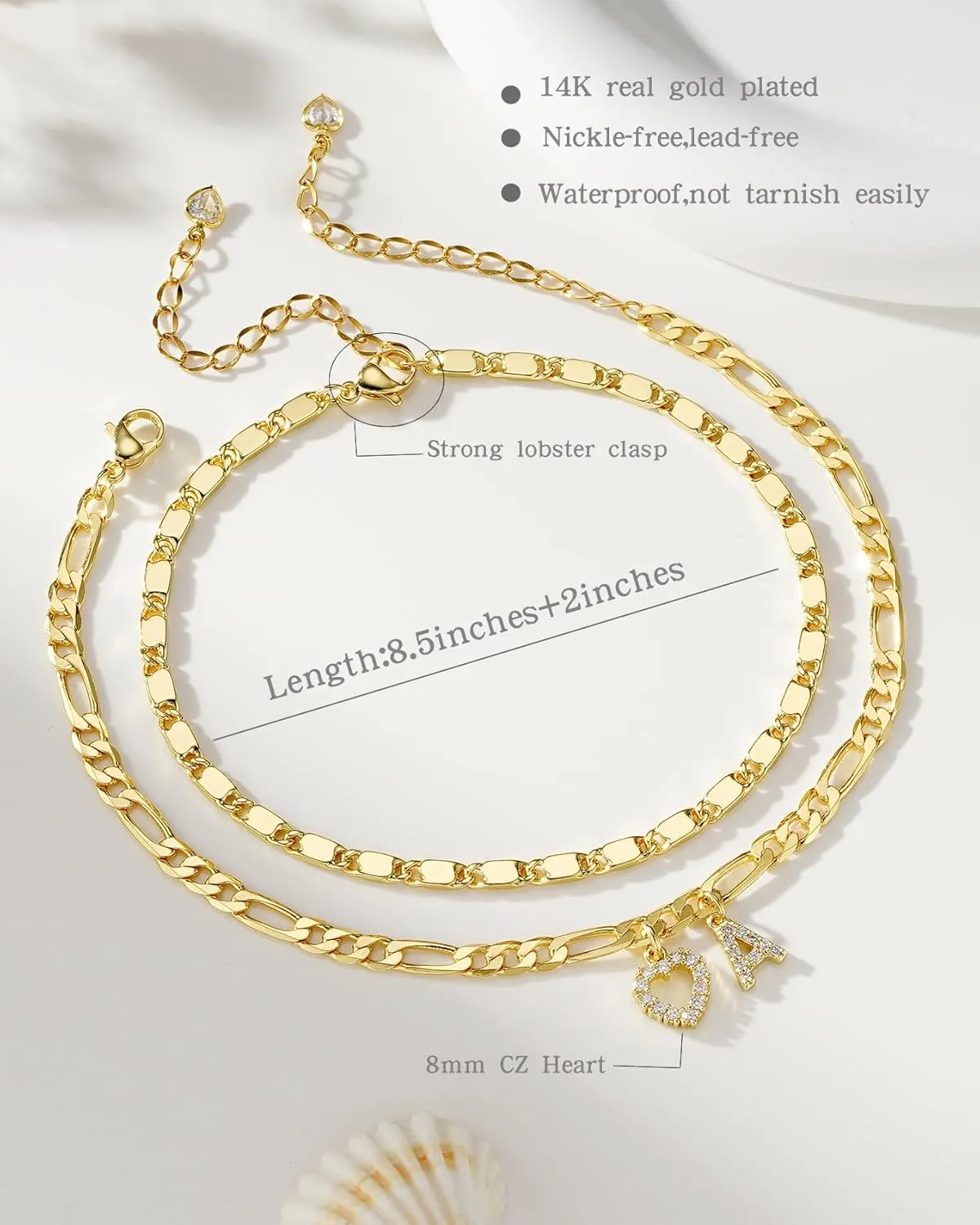 Ankle Bracelets for Women,14K Gold Plated Initial Anklets Dainty Heart Letter Ankle Bracelets Layered Gold Anklets for Women Non Tarnish A to Z Summer Beach Jewelry