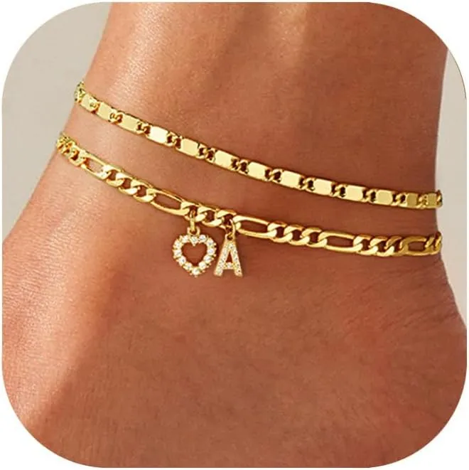 Ankle Bracelets for Women,14K Gold Plated Initial Anklets Dainty Heart Letter Ankle Bracelets Layered Gold Anklets for Women Non Tarnish A to Z Summer Beach Jewelry