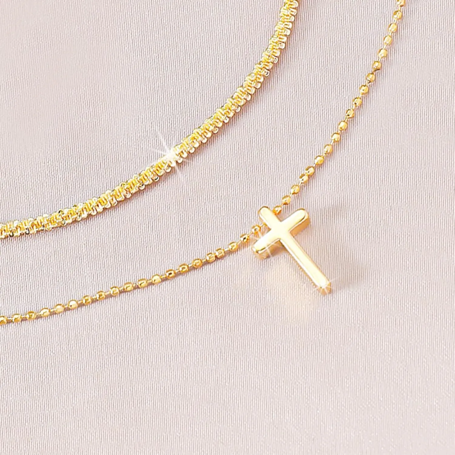 Ankle Bracelets for Women,14K Gold Plated Layered Glitter Waterproof Anklet Rhinestone Cross Anklets Layered Anklet Bracelets Boho Summer Beach Waterproof Anklet Jewelry