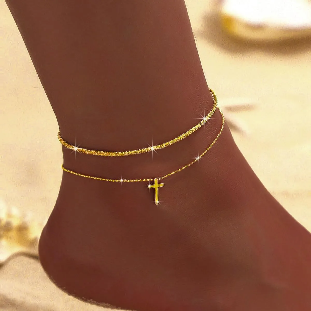 Ankle Bracelets for Women,14K Gold Plated Layered Glitter Waterproof Anklet Rhinestone Cross Anklets Layered Anklet Bracelets Boho Summer Beach Waterproof Anklet Jewelry