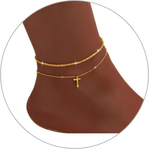 Ankle Bracelets for Women,14K Gold Plated Layered Glitter Waterproof Anklet Rhinestone Cross Anklets Layered Anklet Bracelets Boho Summer Beach Waterproof Anklet Jewelry