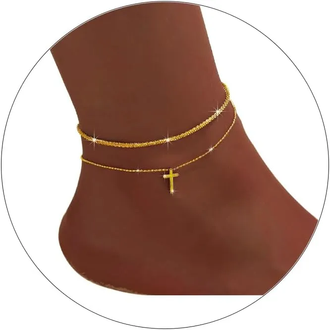 Ankle Bracelets for Women,14K Gold Plated Layered Glitter Waterproof Anklet Rhinestone Cross Anklets Layered Anklet Bracelets Boho Summer Beach Waterproof Anklet Jewelry