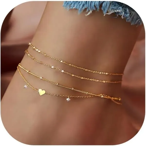 Anklet Bracelets for Women Waterproof Sliver Gold Plated CZ & Heart Charm Layer Anklets Dainty Layered Chain Ankle Bracelet Set Summer Beach Foot Chain Jewelry Gifts