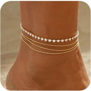 Anklets for Women 14K Silver/Gold Plated Ankle Bracelets Dainty Waterproof Bead Rhinestone Cuban Link Chain Anklets Trendy Women's Anklets Jewelry Set for Gift