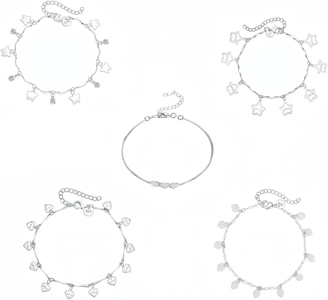Anklets for Women, 5 Pcs 925 Silver Anklets set, Ankle Bracelets for Women, Dainty Foot Jewelry, Waterproof Summer Accessories