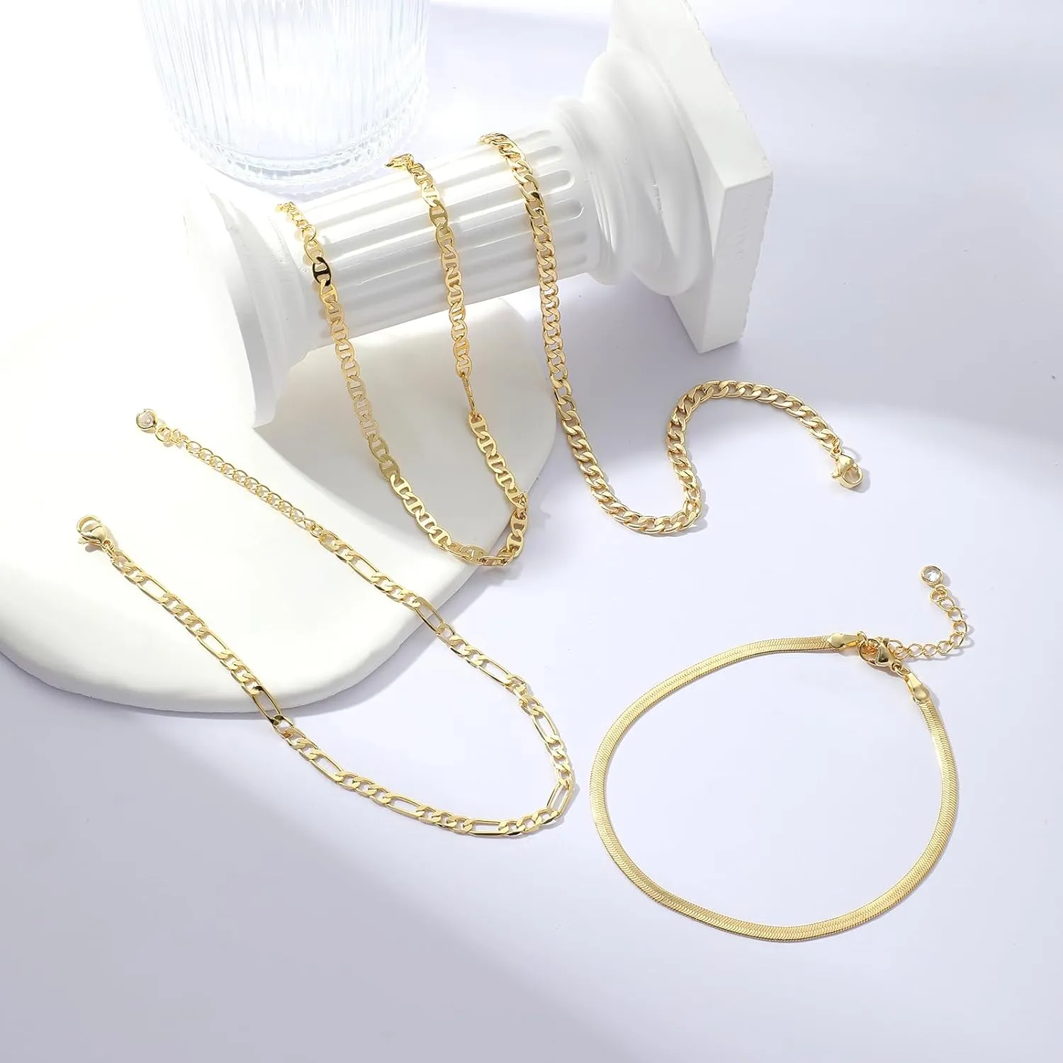 ASCOMY Ankle Bracelets for Women 14K Gold/Silver Plated Ankle Bracelet Dainty Layered Cute Beads Figaro Cuban Rope Herringbone Chain Anklets for Teen Girls Minimalist Summer Beach Foot Jewelry Gifts