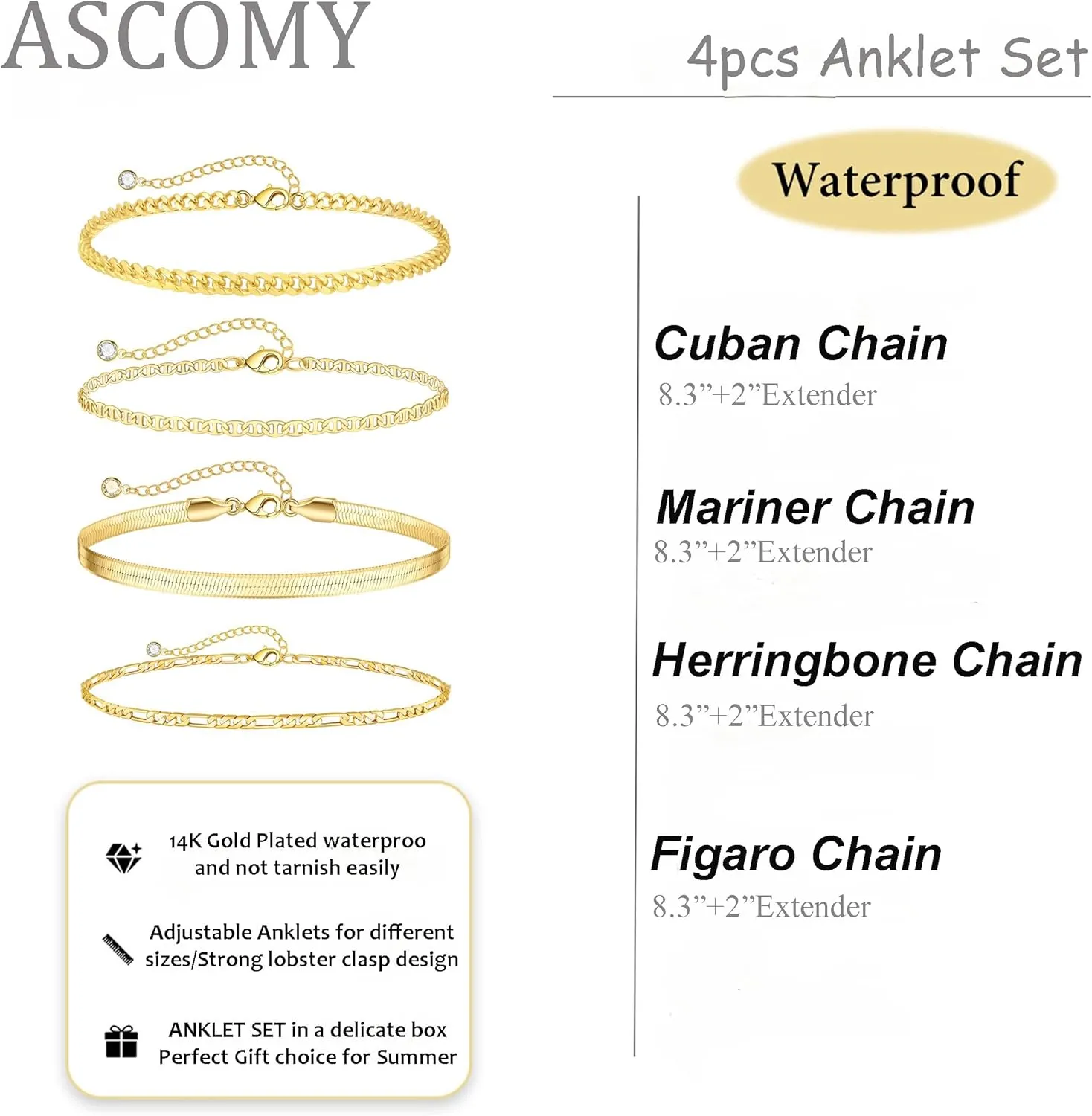 ASCOMY Ankle Bracelets for Women 14K Gold/Silver Plated Ankle Bracelet Dainty Layered Cute Beads Figaro Cuban Rope Herringbone Chain Anklets for Teen Girls Minimalist Summer Beach Foot Jewelry Gifts