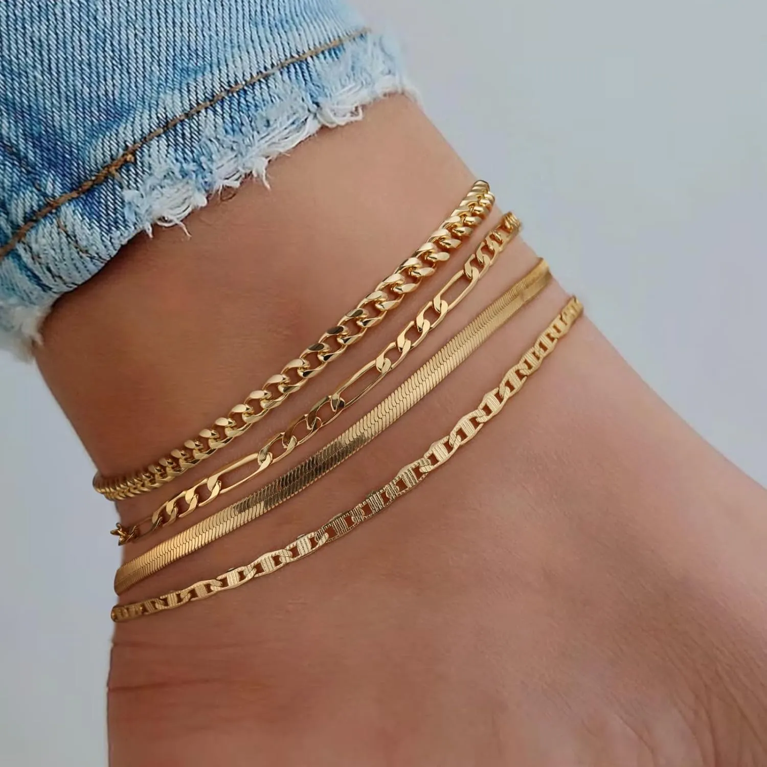 ASCOMY Ankle Bracelets for Women 14K Gold/Silver Plated Ankle Bracelet Dainty Layered Cute Beads Figaro Cuban Rope Herringbone Chain Anklets for Teen Girls Minimalist Summer Beach Foot Jewelry Gifts