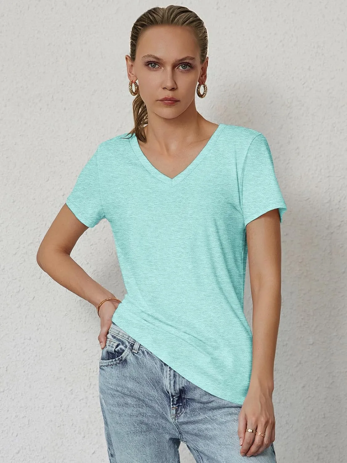 ATHMILE Womens Tops Shirts for Women Short Sleeve V Neck Tee Summer Fashion Trendy Soft Casual Spring Clothes Outfits Beach