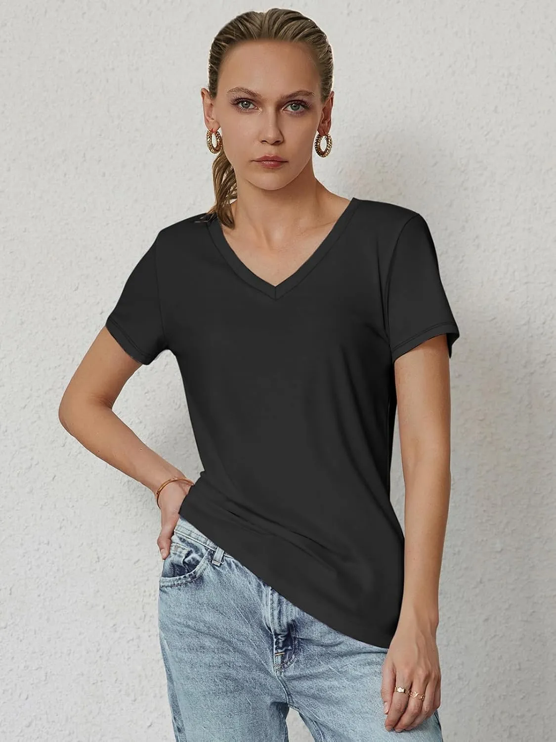 ATHMILE Womens Tops Shirts for Women Short Sleeve V Neck Tee Summer Fashion Trendy Soft Casual Spring Clothes Outfits Beach