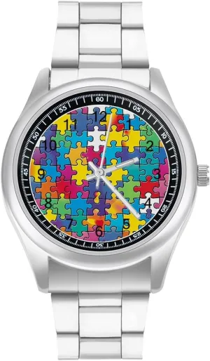 Autism Puzzle Awareness Unisex Wrist Watches Metal Watch Band Business Watch Simple Steel Band Watch