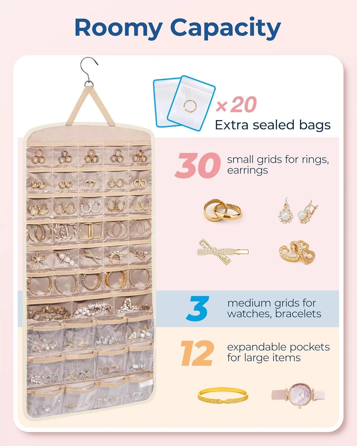 BAGSMART Hanging Jewelry Organizer, Necklace Holder Anti-tangle Earrings Rings Hanger with Pockets Hang on Closet, Wall, Door,1 Piece, Extra Large Beige