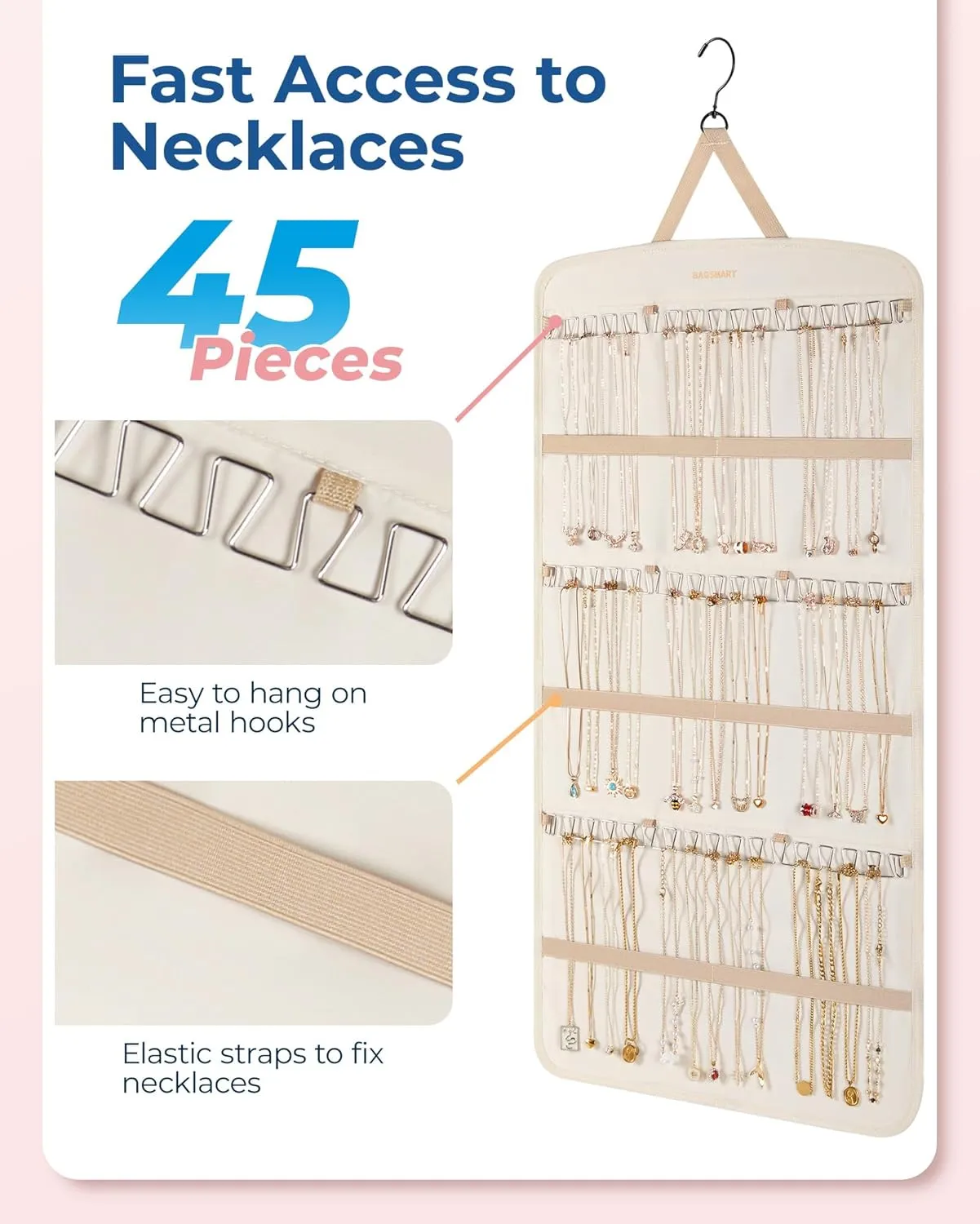 BAGSMART Hanging Jewelry Organizer, Necklace Holder Anti-tangle Earrings Rings Hanger with Pockets Hang on Closet, Wall, Door,1 Piece, Extra Large Beige