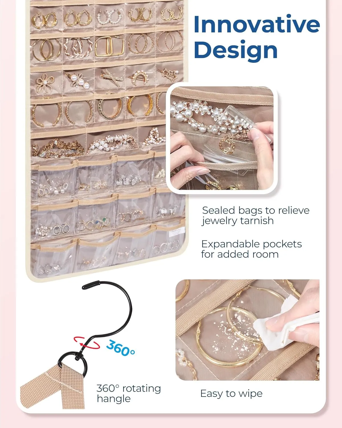 BAGSMART Hanging Jewelry Organizer, Necklace Holder Anti-tangle Earrings Rings Hanger with Pockets Hang on Closet, Wall, Door,1 Piece, Extra Large Beige