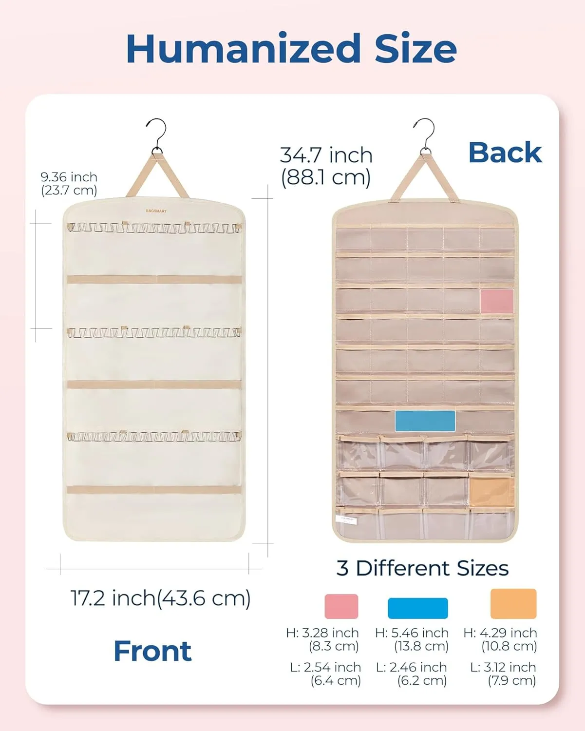 BAGSMART Hanging Jewelry Organizer, Necklace Holder Anti-tangle Earrings Rings Hanger with Pockets Hang on Closet, Wall, Door,1 Piece, Extra Large Beige