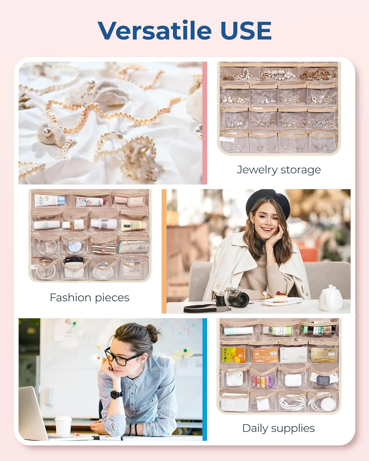 BAGSMART Hanging Jewelry Organizer, Necklace Holder Anti-tangle Earrings Rings Hanger with Pockets Hang on Closet, Wall, Door,1 Piece, Extra Large Beige