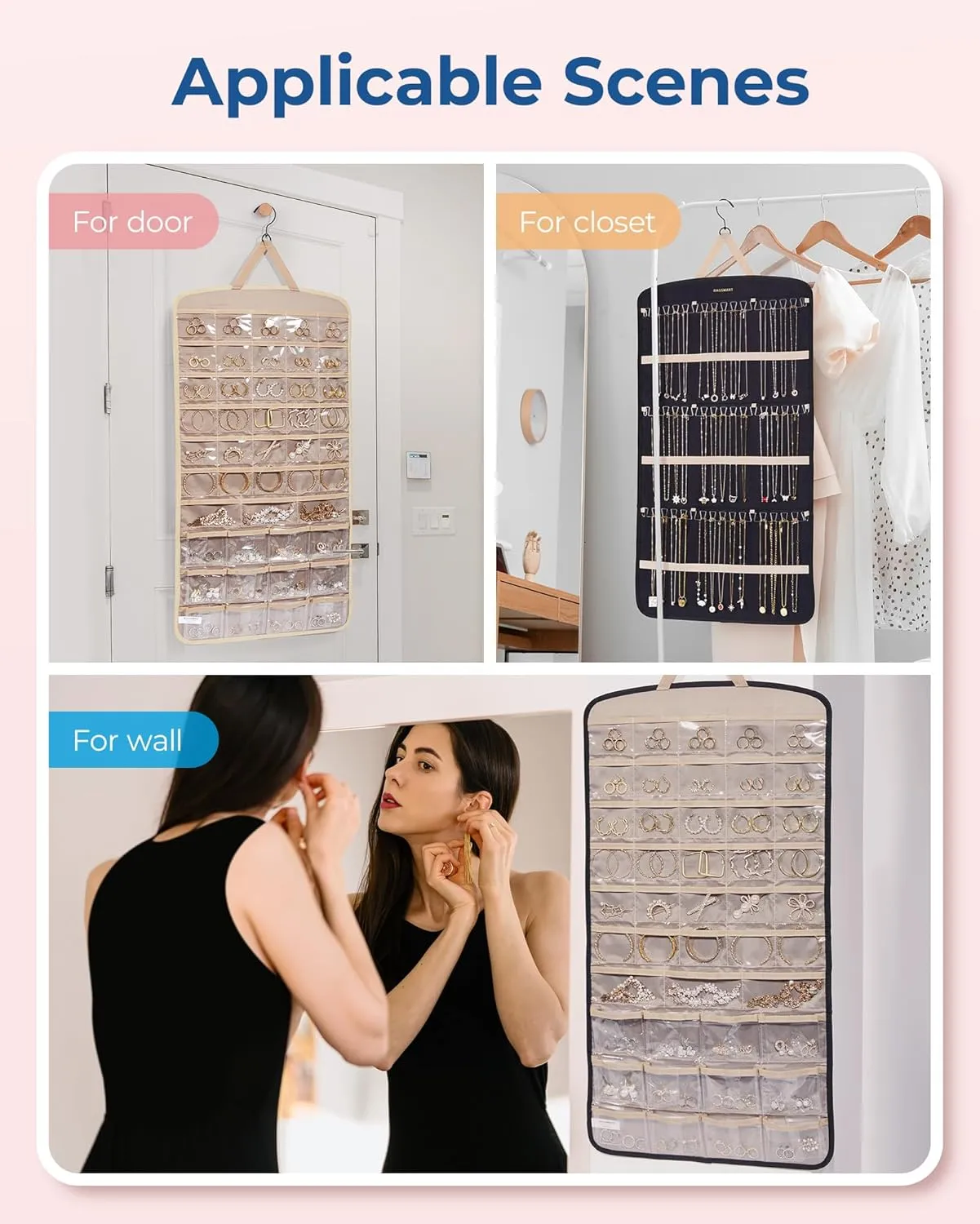 BAGSMART Hanging Jewelry Organizer, Necklace Holder Anti-tangle Earrings Rings Hanger with Pockets Hang on Closet, Wall, Door,1 Piece, Extra Large Beige