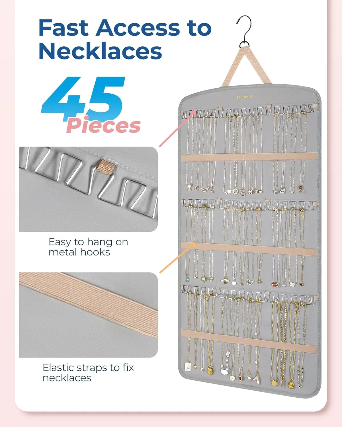 BAGSMART Hanging Jewelry Organizer, Necklace Holder Anti-tangle Earrings Rings Hanger with Pockets Hang on Closet, Wall, Door,1 Piece, Extra Large Grey