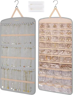 BAGSMART Hanging Jewelry Organizer, Necklace Holder Anti-tangle Earrings Rings Hanger with Pockets Hang on Closet, Wall, Door,1 Piece, Extra Large Grey
