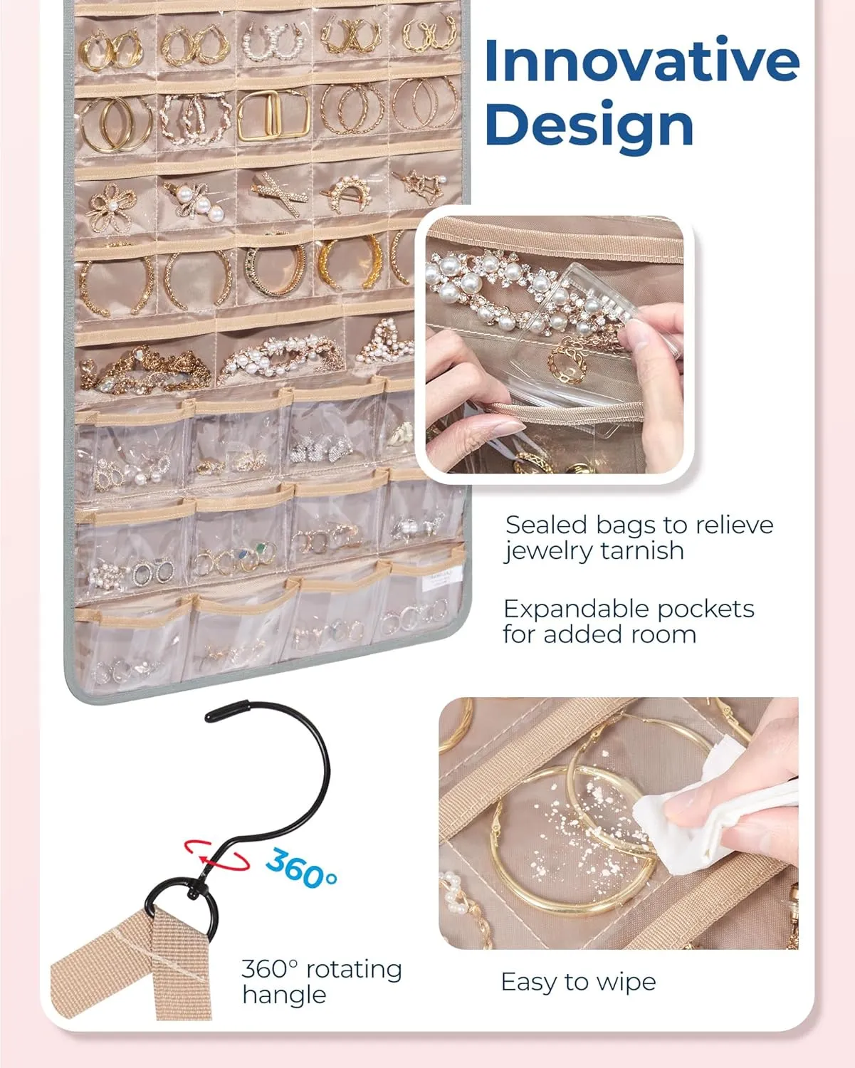 BAGSMART Hanging Jewelry Organizer, Necklace Holder Anti-tangle Earrings Rings Hanger with Pockets Hang on Closet, Wall, Door,1 Piece, Extra Large Grey