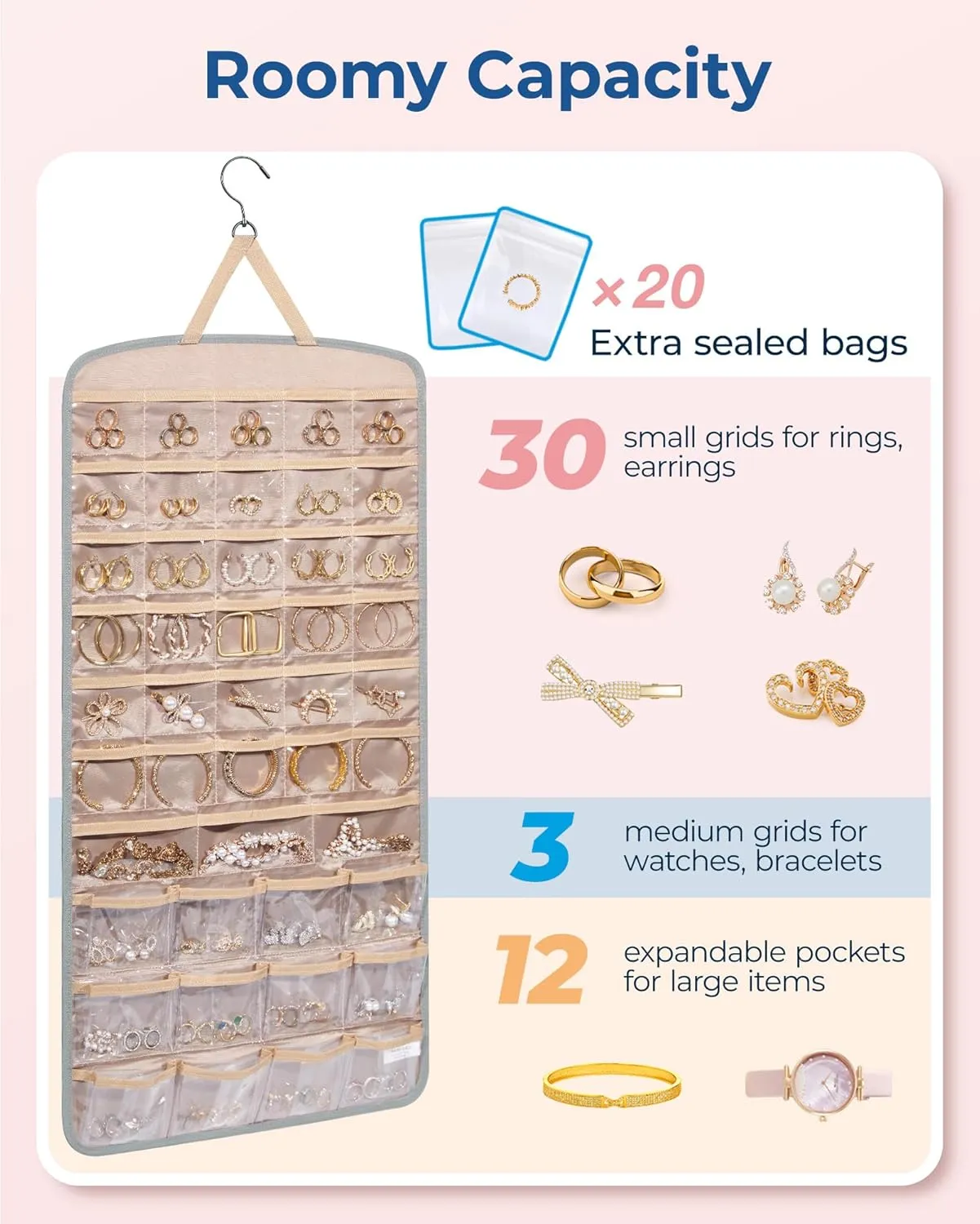 BAGSMART Hanging Jewelry Organizer, Necklace Holder Anti-tangle Earrings Rings Hanger with Pockets Hang on Closet, Wall, Door,1 Piece, Extra Large Grey