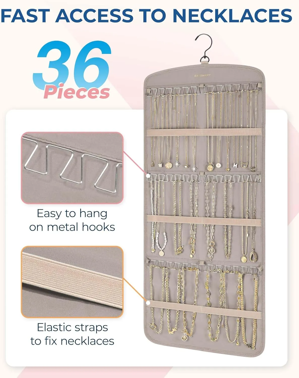 BAGSMART Hanging Jewelry Organizer, Necklace Holder Anti-tangle Earrings Rings Hanger with Pockets Hang on Closet, Wall, Door,1 Piece, Large Warm Gray