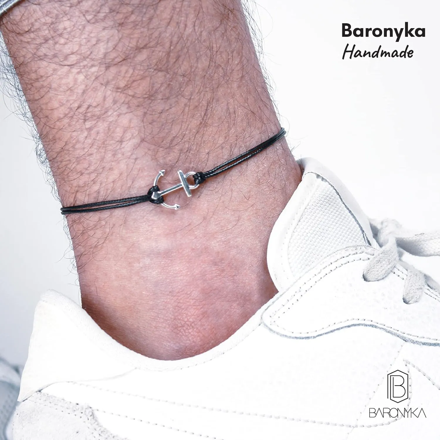 Baronyka Men's Handcrafted Anklet, Wax Cord, Stainless Steel, Adjustable Length, Durable for Everyday Wear and Modern Look (Black Cord Anchor)