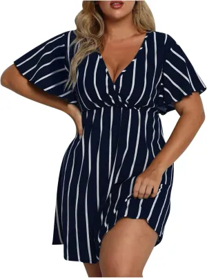 Beach Dresses for Womens Vacation Short Batwing Sleeve V Neck Summer Trendy Dress Floral Ruffle Boho Mini Sundress