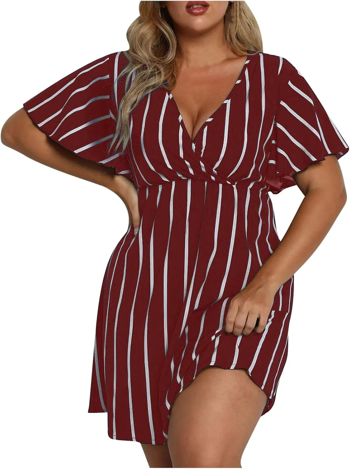 Beach Dresses for Womens Vacation Short Batwing Sleeve V Neck Summer Trendy Dress Floral Ruffle Boho Mini Sundress