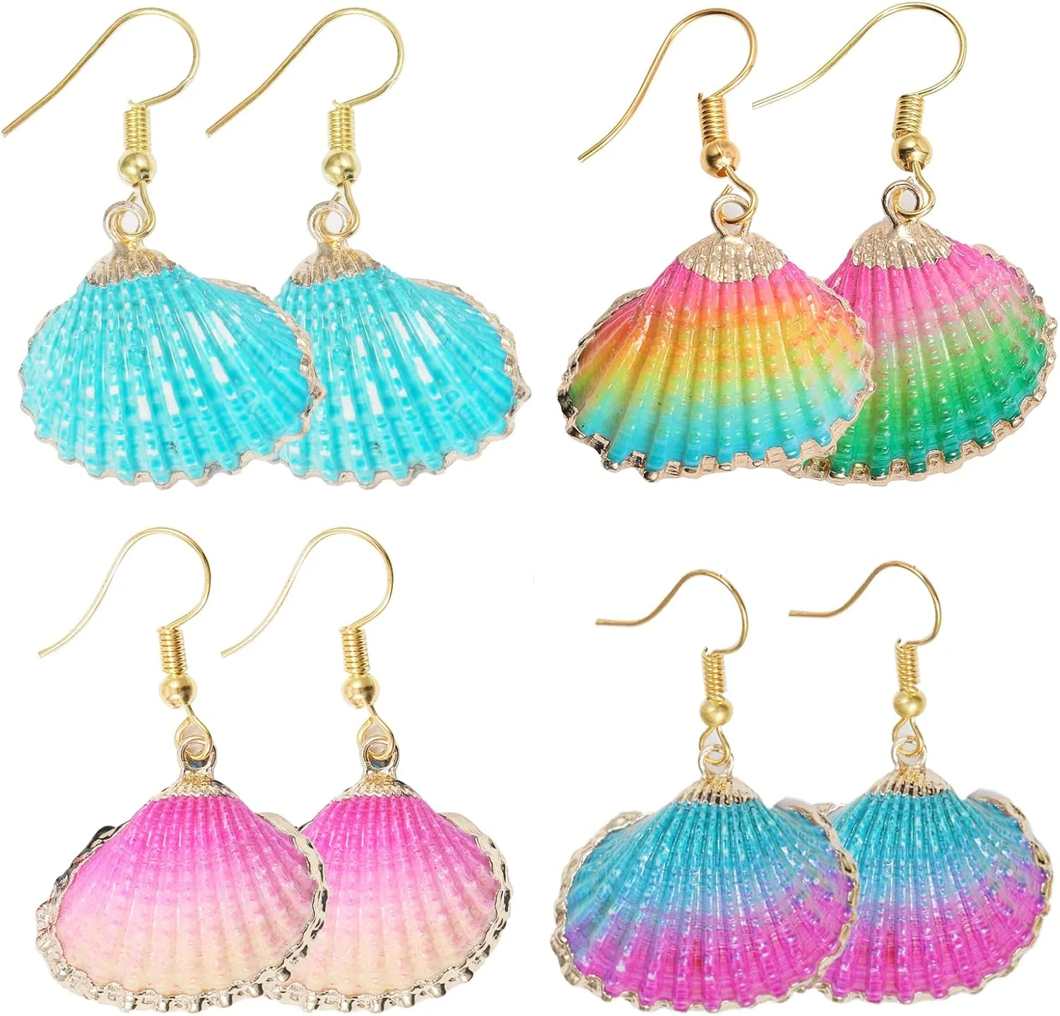 Beach Summer Sea Shell Earrings For Women, 4pair Tropical White Natural Scallop Shell Jewelry Boho Earring Set Bulk Pack Vacation Dangling Drop Light Formal