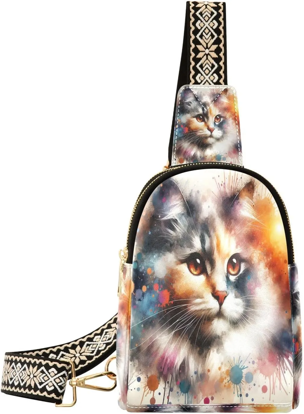 Beautiful Cat Watercolor Fanny Pack Crossbody PC Leather Small Sling Bag for Women Fashion Waist Packs Chest Bag for Travel Sports Running Hiking