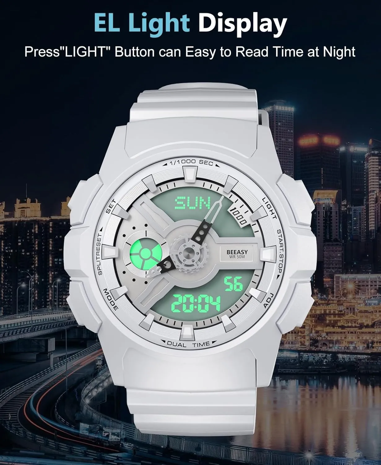 Beeasy Waterproof Mens Watches Sports Ourdoor, Military Watch Multi Function Stopwatch/4 Alarms/Countdown/Dual Time, Analog-Digital Synchronised Display Wrist Watch for Men
