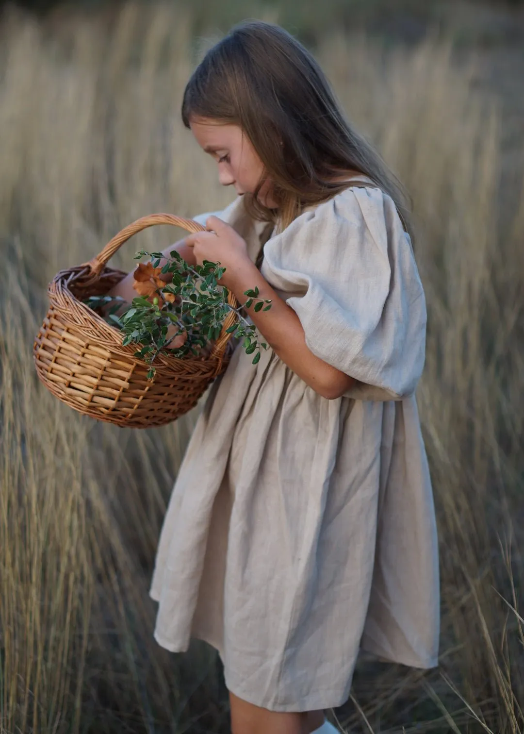 Beige Linen Puff Sleeve Dress